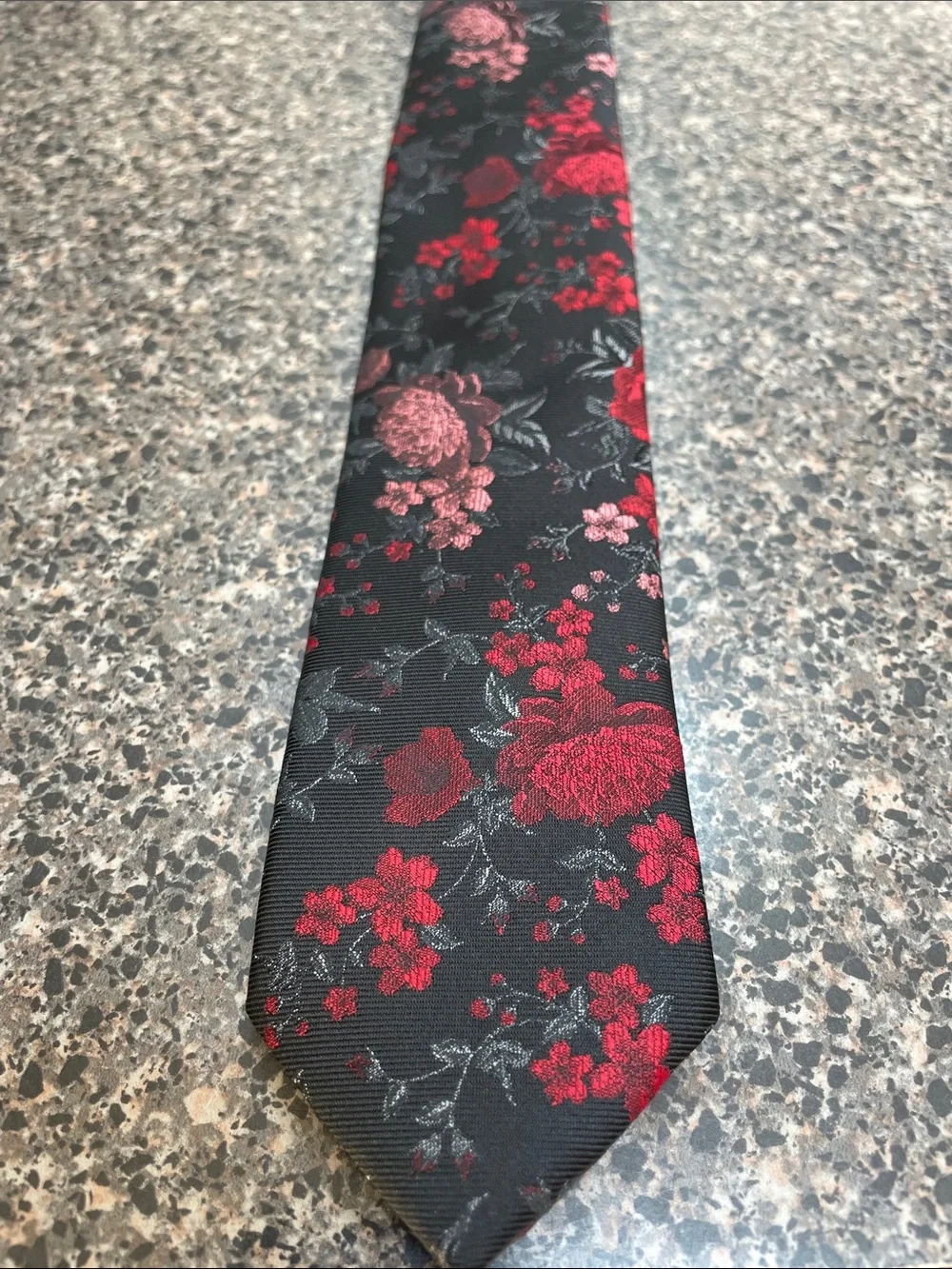 Bar III Black Tie with Red and Pink Floral Jacquard Pattern